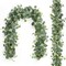 2 PCS Artificial Eucalyptus Garland 5.9FT Faux Silver Dollar Greenery Garland Vines with White Flower Boxwood Fake Hanging Plants for Wedding Home Party Table Mantle Wall Decor